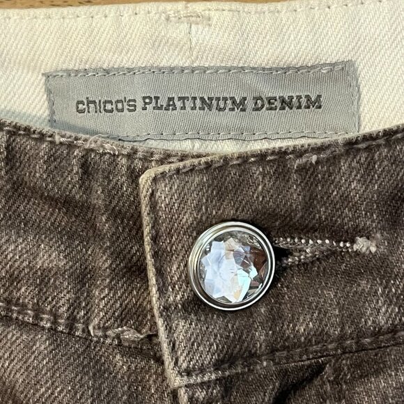 Chico's Platinum Denim Ultimate Fit Rhinestone Embellished Mom Jeans Brown Gray - Picture 2 of 13